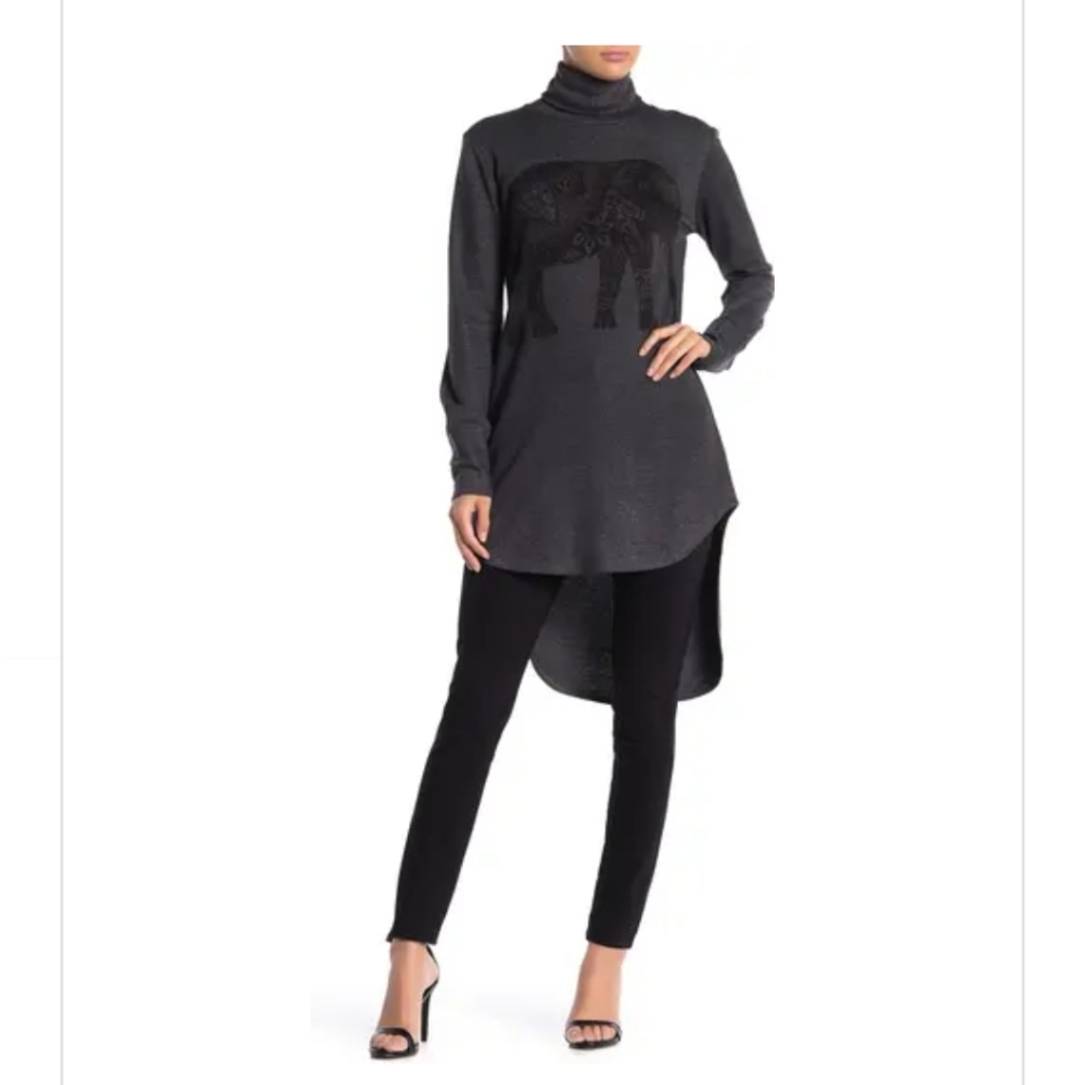Go Couture Charcoal Elephant Tunic Sweater High Low Hem Gray Size SMALL